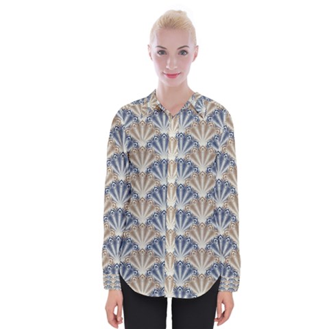Vintage Scallop Beige Blue Pattern Womens Long Sleeve Shirt by snowwhitegirl