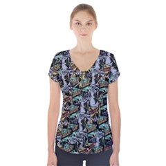 Comic Books Pattern Short Sleeve Front Detail Top by snowwhitegirl