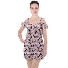 Vintage Girl With Flowers Pink Ruffle Cut Out Chiffon Playsuit by snowwhitegirl