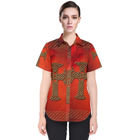 Wonderful Celtic Cross On Vintage Background Women s Short Sleeve Shirt by FantasyWorld7