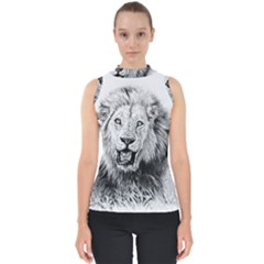Lion Wildlife Art And Illustration Pencil Mock Neck Shell Top by Sudhe