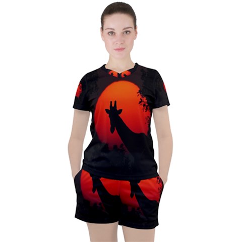 Giraffe Animal Africa Sunset Women s Tee And Shorts Set by Sudhe