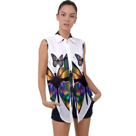 Abstract Animal Art Butterfly Sleeveless Chiffon Button Shirt by Sudhe