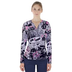 Feminism Collage  V-neck Long Sleeve Top by Valentinaart