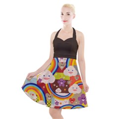 Rainbow Vintage Retro Style Kids Rainbow Vintage Retro Style Kid Funny Pattern With 80s Clouds Halter Party Swing Dress  by genx