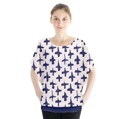 Pattern Ink Blue Navy Crosses Grunge Flesh And Navy Pattern Ink Crosses Grunge Flesh Beige Background Batwing Chiffon Blouse by genx