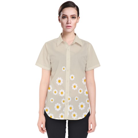 White Daisies Flower Pattern On Vintage Pastel Beige Background Retro Style Women s Short Sleeve Shirt by genx