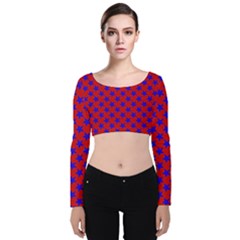 Blue Stars Pattern On Red Velvet Long Sleeve Crop Top by BrightVibesDesign