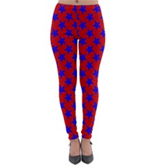 Blue Stars Pattern On Red Lightweight Velour Leggings by BrightVibesDesign