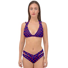 Red Stars Pattern On Blue Double Strap Halter Bikini Set by BrightVibesDesign