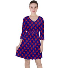Red Stars Pattern On Blue Ruffle Dress by BrightVibesDesign