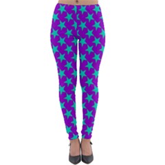 Turquoise Stars Pattern On Purple Lightweight Velour Leggings by BrightVibesDesign
