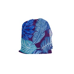 Tropical Blue Leaves Drawstring Pouch (small) by snowwhitegirl