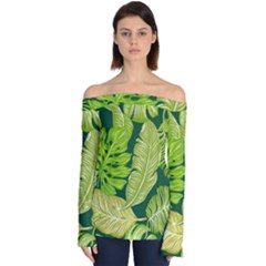 Tropical Green Leaves Off Shoulder Long Sleeve Top by snowwhitegirl