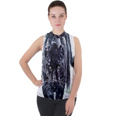 Panther Mock Neck Chiffon Sleeveless Top by kot737