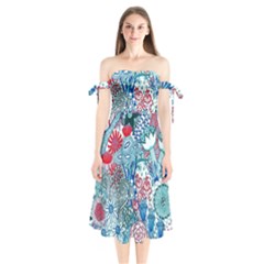 Floral Jungle Blue Shoulder Tie Bardot Midi Dress by okhismakingart