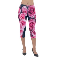 Pink Roses Ii Lightweight Velour Capri Leggings  by okhismakingart