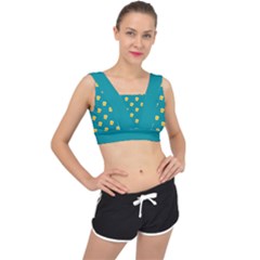 Toast With Cheese Pattern Turquoise Green Background Retro Funny Food V-back Sports Bra by genx