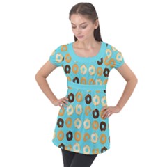 Donuts Pattern With Bites Bright Pastel Blue And Brown Puff Sleeve Tunic Top by genx