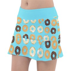 Donuts Pattern With Bites Bright Pastel Blue And Brown Tennis Skirt by genx
