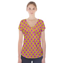Pink Stars Pattern On Yellow Short Sleeve Front Detail Top by BrightVibesDesign