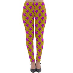 Pink Stars Pattern On Yellow Lightweight Velour Leggings by BrightVibesDesign