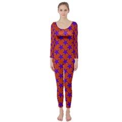 Purple Stars Pattern On Orange Long Sleeve Catsuit by BrightVibesDesign