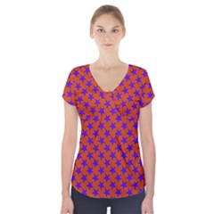 Purple Stars Pattern On Orange Short Sleeve Front Detail Top by BrightVibesDesign