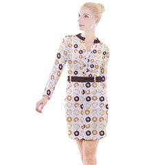 Donuts Pattern With Bites Bright Pastel Blue And Brown Cropped Sweatshirt Button Long Sleeve Dress by genx