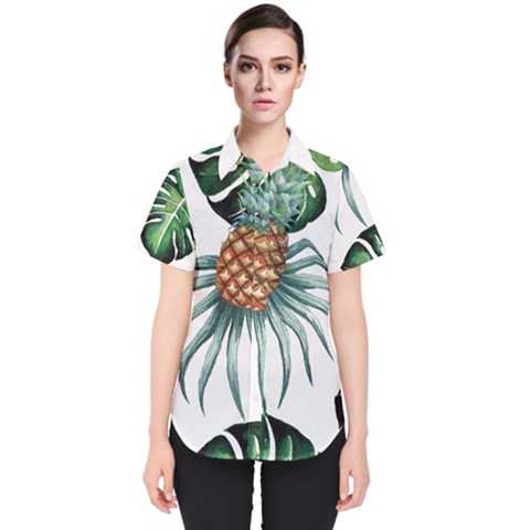 Pineapple Tropical Jungle Giant Green Leaf Watercolor Pattern Women s Short Sleeve Shirt by genx