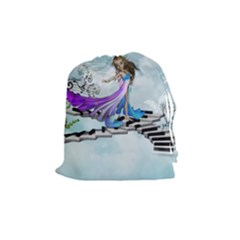 Cute Fairy Dancing On A Piano Drawstring Pouch (medium) by FantasyWorld7