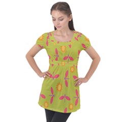 Dragonfly Sun Flower Seamlessly Puff Sleeve Tunic Top by HermanTelo