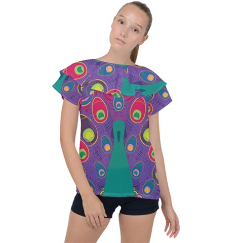Peacock Bird Animal Feathers Ruffle Collar Chiffon Blouse by HermanTelo