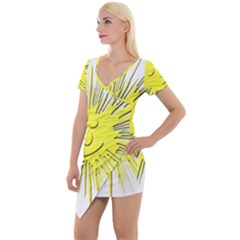 Smilie Sun Emoticon Yellow Cheeky Short Sleeve Asymmetric Mini Dress by HermanTelo