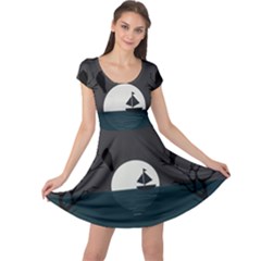 Birds Moon Moonlight Tree Animal Cap Sleeve Dress by HermanTelo