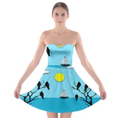 Birds Sun Tree Animal Black Tree Strapless Bra Top Dress by HermanTelo