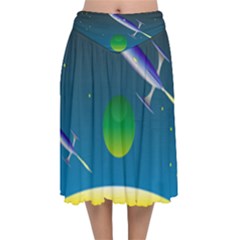 Rocket Spaceship Space Velvet Flared Midi Skirt by HermanTelo