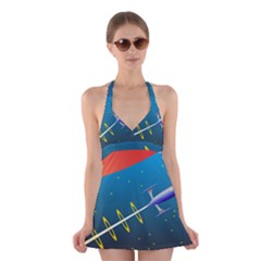 Rocket Spaceship Space Galaxy Halter Dress Swimsuit  by HermanTelo