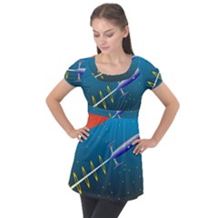 Rocket Spaceship Space Galaxy Puff Sleeve Tunic Top by HermanTelo