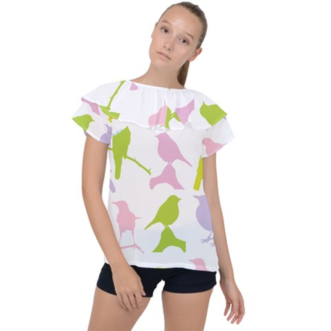 Birds Colourful Background Ruffle Collar Chiffon Blouse by HermanTelo