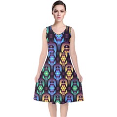 Pattern Background Bright Blue V-neck Midi Sleeveless Dress  by HermanTelo