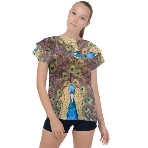Bird Peacock Feather Ruffle Collar Chiffon Blouse by HermanTelo