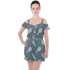 Fish Star Water Pattern Ruffle Cut Out Chiffon Playsuit by HermanTelo