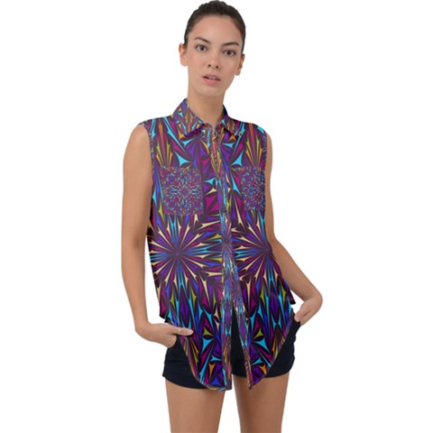 Kaleidoscope Triangle Curved Sleeveless Chiffon Button Shirt by HermanTelo