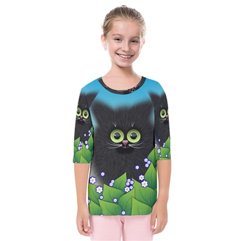 Kitten Black Furry Illustration Kids  Quarter Sleeve Raglan Tee by Sapixe