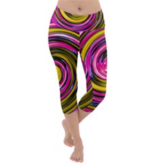 Swirl Vortex Motion Pink Yellow Lightweight Velour Capri Yoga Leggings by HermanTelo