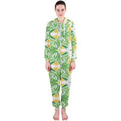 Green Pattern Retro Wallpaper Hooded Jumpsuit (ladies)  by Bajindul
