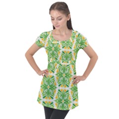 Green Pattern Retro Wallpaper Puff Sleeve Tunic Top by Bajindul