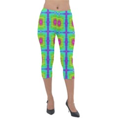 Groovy Yellow Pink Purple Square Pattern Lightweight Velour Capri Leggings  by BrightVibesDesign