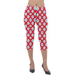 Modern Turquoise Flowers  On Red Lightweight Velour Capri Leggings  by BrightVibesDesign